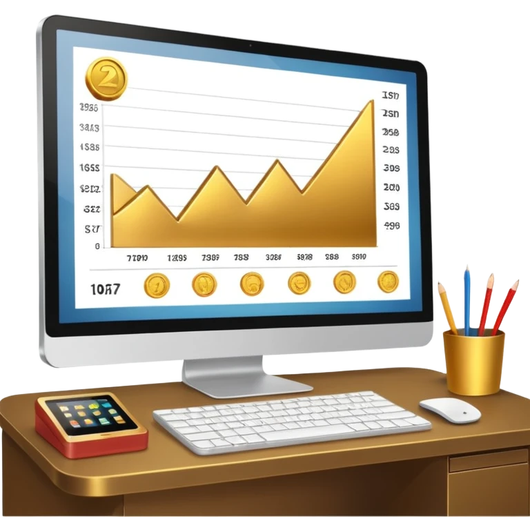 Mach mir einen schreibtisch mit einem bildschirm drauf wo mann einen Chart sieht von Gold emoji
