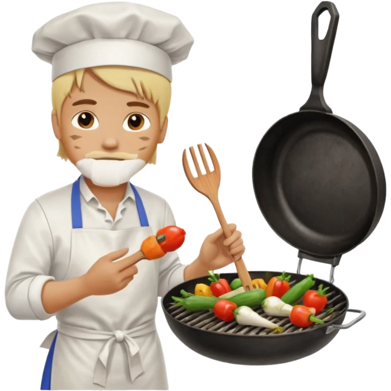man with tied blond hair and and a white apron grilling vegetables on a sizzling grill emoji