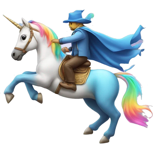un mago montando un unicornio volador de colores emoji
