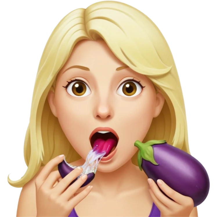 blond woman eating an eggplant, water stream squirting directly from the aubergine into her open mouth, surprised expression emoji