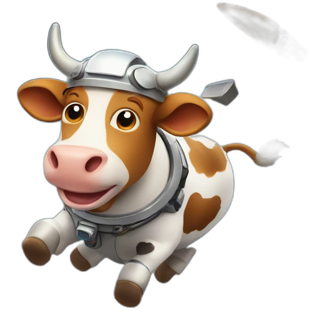 cow with udder flying to space while wearing a jetpack that is emitting flames emoji