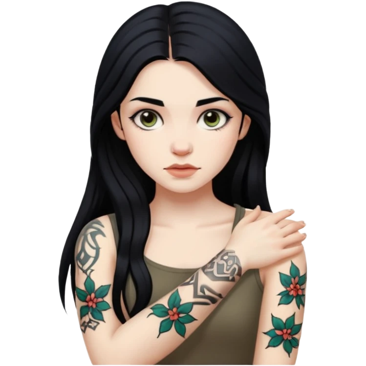hyper realistic slavic Pale girl with long black hair arm tattoos emoji