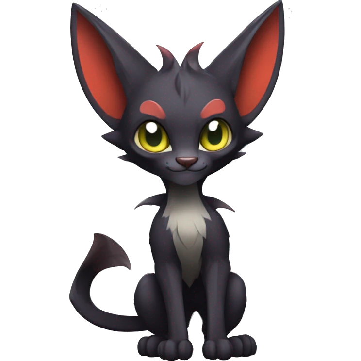 Black cool beautiful vampiric Noivern-Litten-Lykoi-Caracal-Fakemon with big bat ears full-body emoji