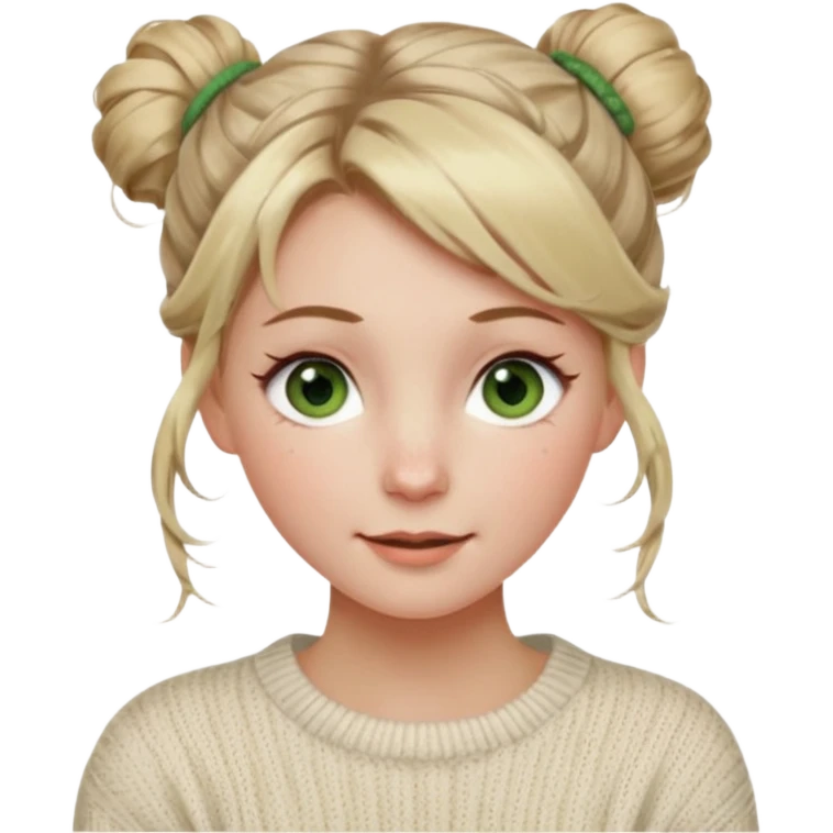 dirty blonde hazel  green eyes woman with a white cable knit sweater and one messy bun with tendrils of hair flowing down her face and she is happy pale, some freckles, blush. she has a cateye wing and long lashes emoji