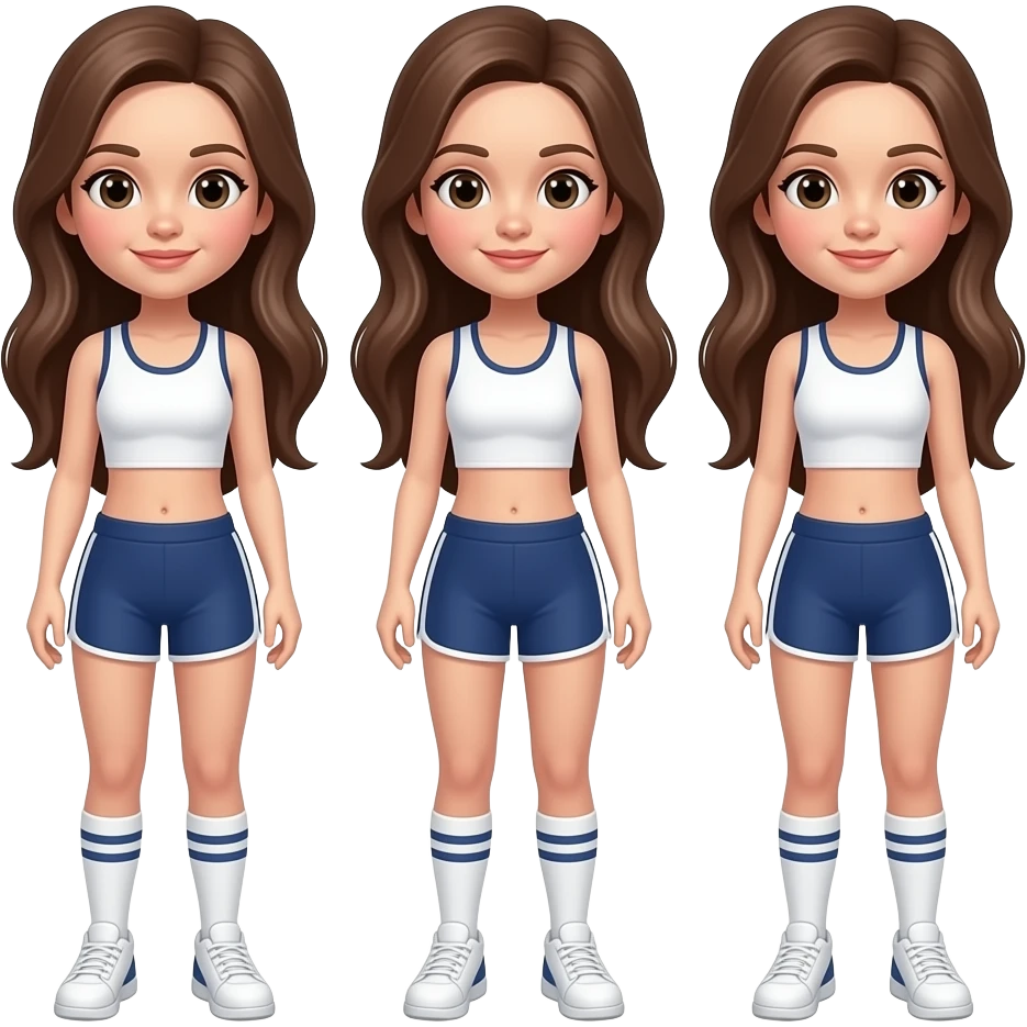 Trillizas con el pelo castaño largo y blancas de piel, con el cuerpo entero vestidas de deporte emoji