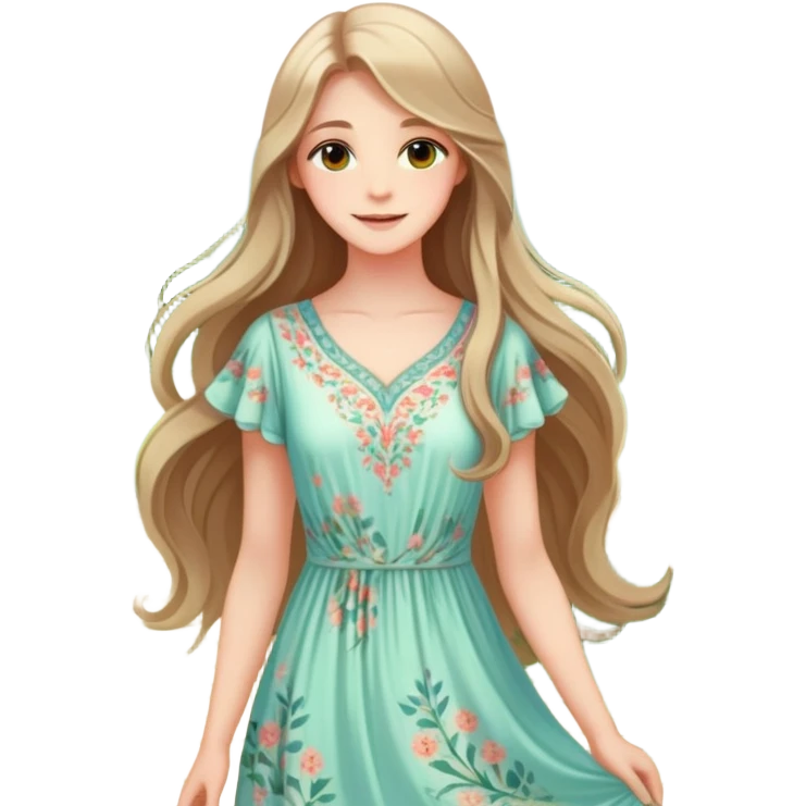 A beautiful young woman with long flowing hair, soft glowing skin, bright eyes, and a serene smile. She wears a delicate dress with floral patterns, standing in a peaceful garden with soft sunlight filtering through the trees emoji