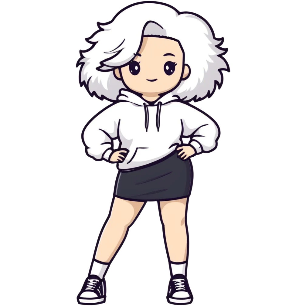 Female with slim hourglass figure, white big hair, wearing white sweatshirt, black skirt, and white shoes, full body pose emoji