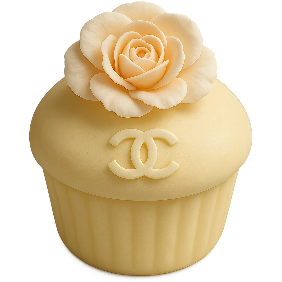 pastel yellow Chanel cupcake with a camellia flower and logo emoji