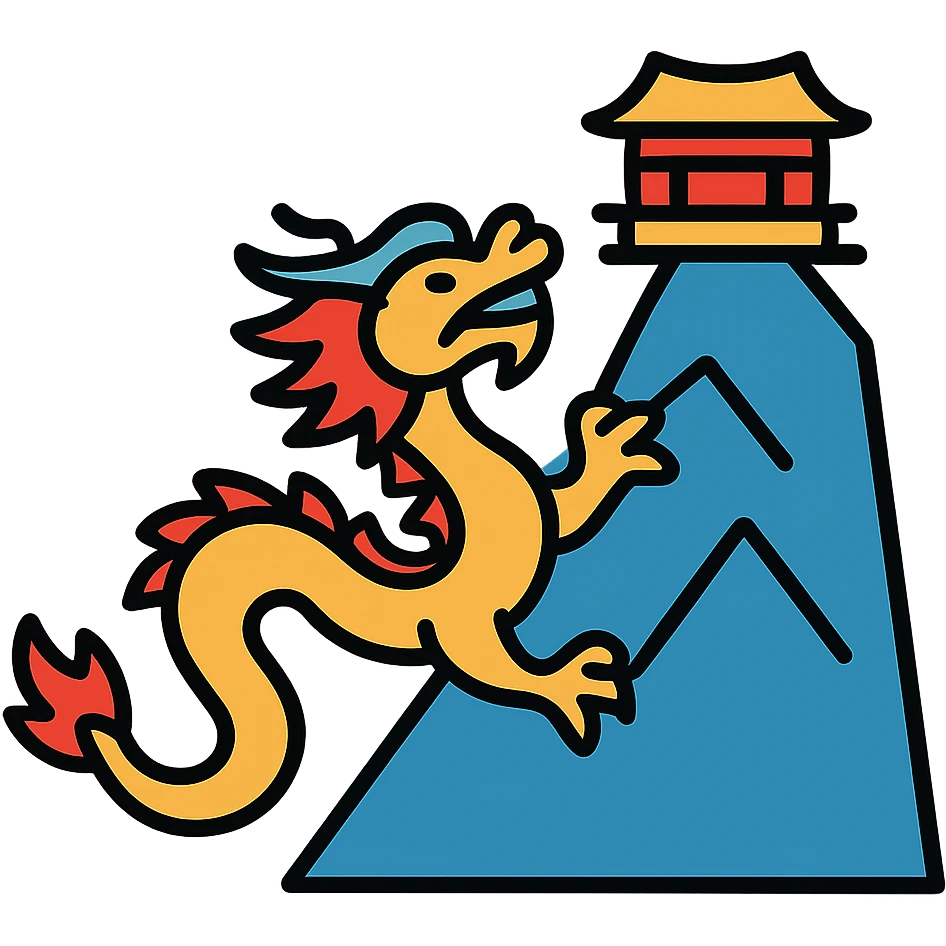 Traditional Chinese dragon ascending a steep mountain with a temple sanctuary on the peak emoji