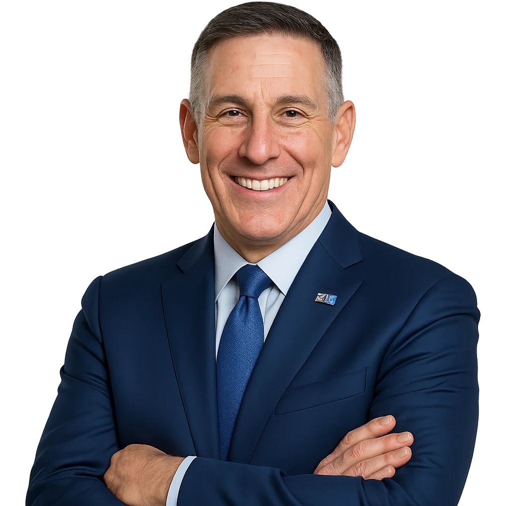 Create a highly detailed, realistic 3D illustration of the person in the reference image (Tony Petitti, Big Ten commissioner), facing forward, from the waist up, wearing a blue suit with a blue tie and no pocket square. The image should have a transparent background, not be pixelated, and have an accurate facial likeness. The style should be photorealistic, capturing fine details and realistic textures. emoji