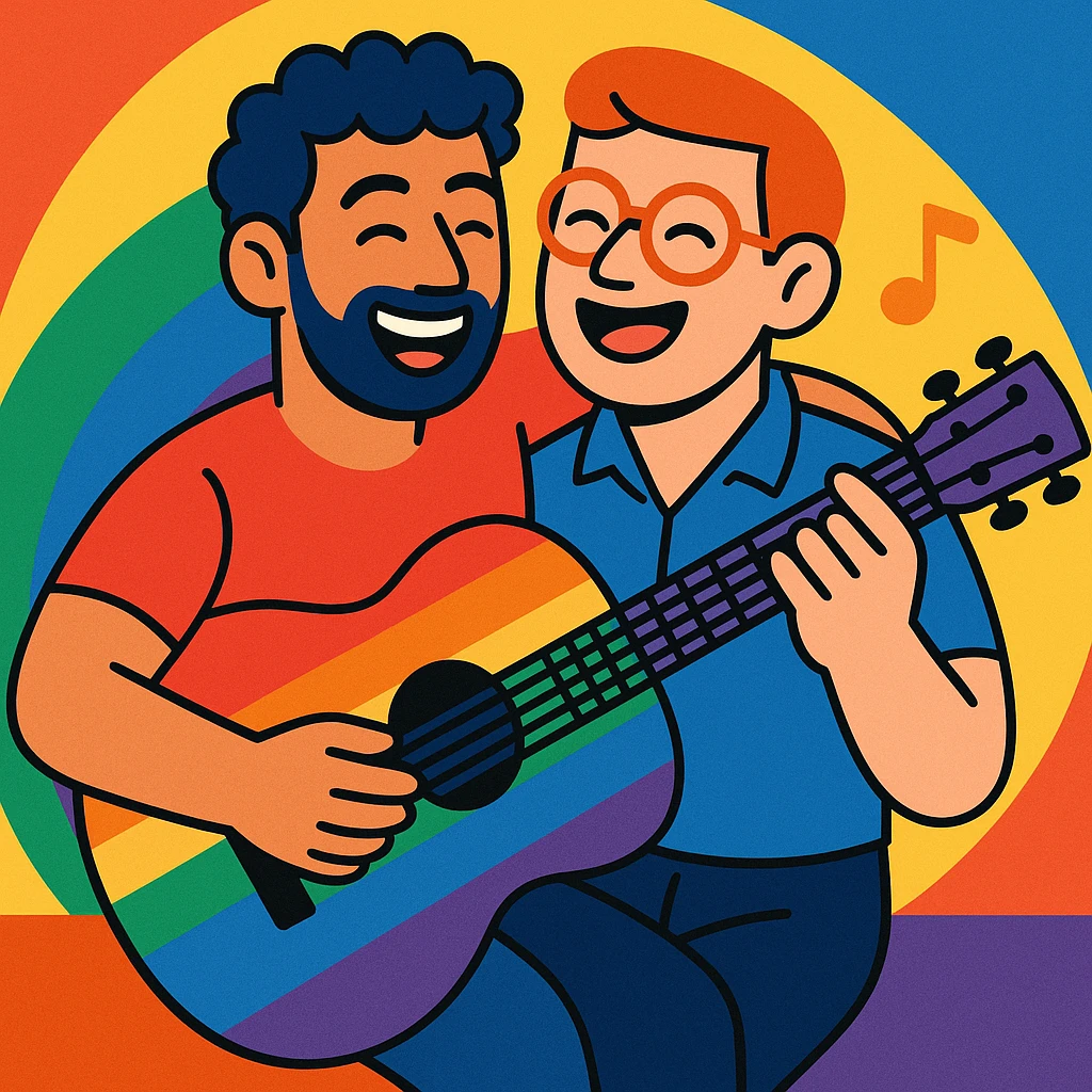 rainbow guitar being played by a joyful gay couple emoji