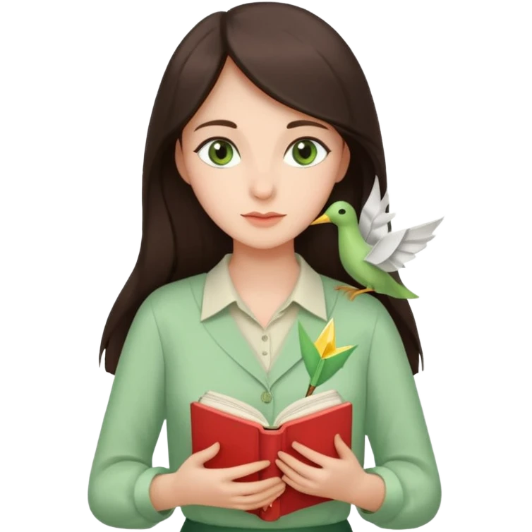 Gentle woman with fair skin, long dark brown hair, green eyes, light green blouse, holding a book to her chest. Surrounded by a heart, paper crane, leaves, and candle. Waist-up, front-facing emoji