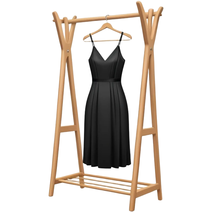 wooden clothes rack with a sleek black cocktail dress emoji
