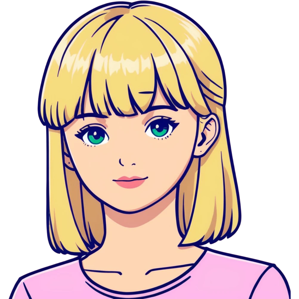 blonde woman with bangs, wearing a pink blouse, blue eyes emoji