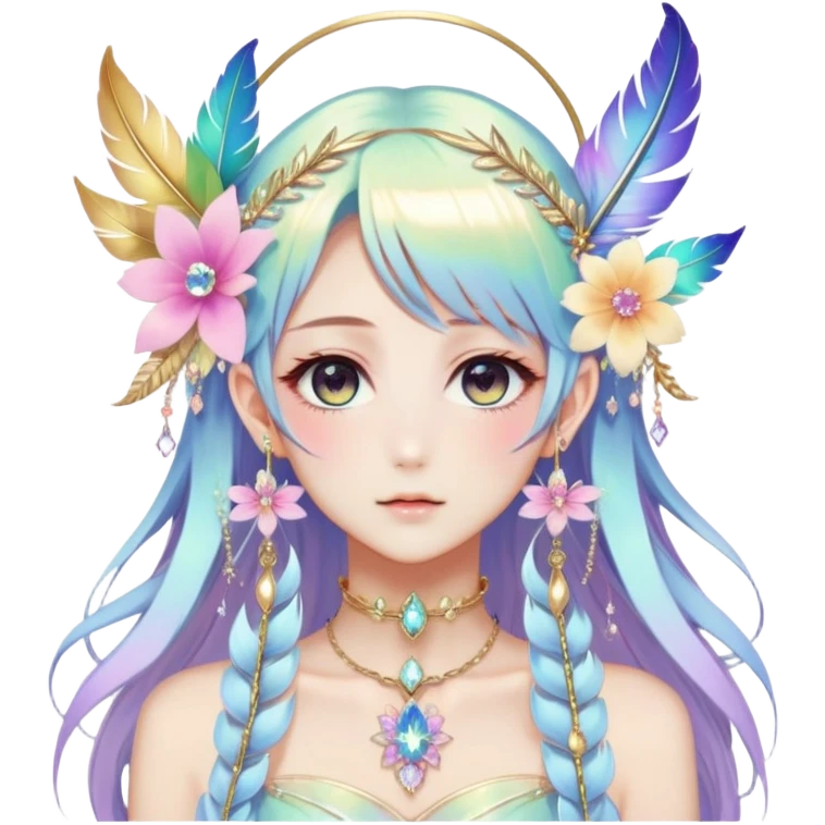 Beautiful gorgeous anime lady with beautiful iridescent-special-hair, fashion aesthetic, ethereal, fairycore, pastelcore, feather-ear-cuff, flower, crystals, accessories, jewelries, gold, colorful emoji