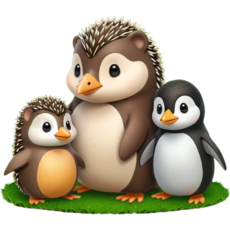A hedgehog, a penguin and a mole playing together on a ground emoji