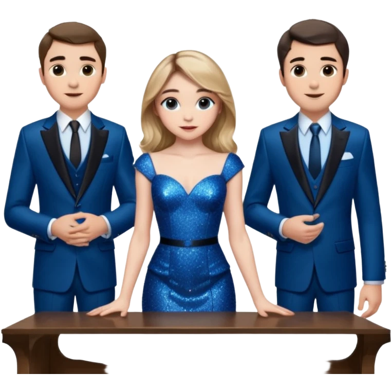 Sabrina carpenter in a blue sparkly dress at a table with 3 handsome men, and she is standing up reaching over  emoji