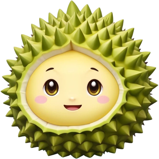 A chibi-style round durian character with green spiky shell and yellow flesh, blushing and shy with sparkly eyes – pastel tones emoji