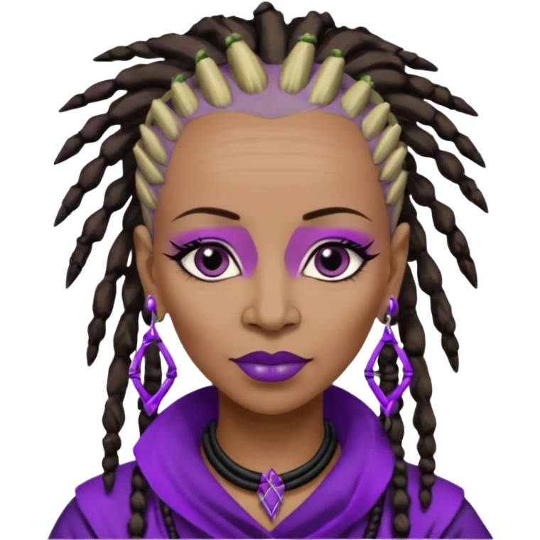 57 years young,  Black queen with a  dreads mohawk hairstyle, purple lipstick,  purple eyeshadow,  droppy sort of eyes, bamboo triangle earrings with the name Draya personalized on them.  emoji