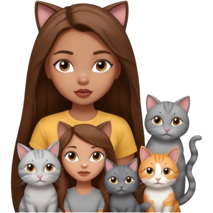 a pretty bratz dusky girl with long brown hair with four cats nd wearing a grey tshirt emoji