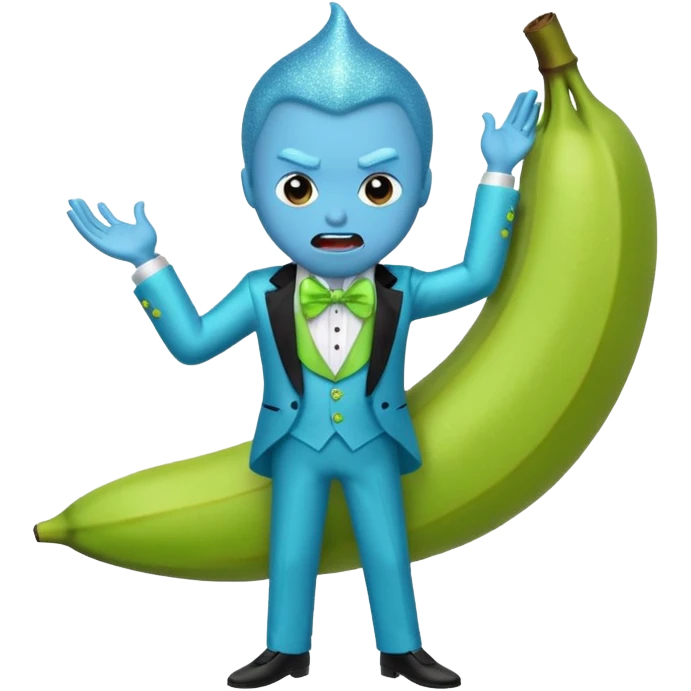 Angry blue banana fruit wearing a sparkly lime green tuxedo and tutu emoji