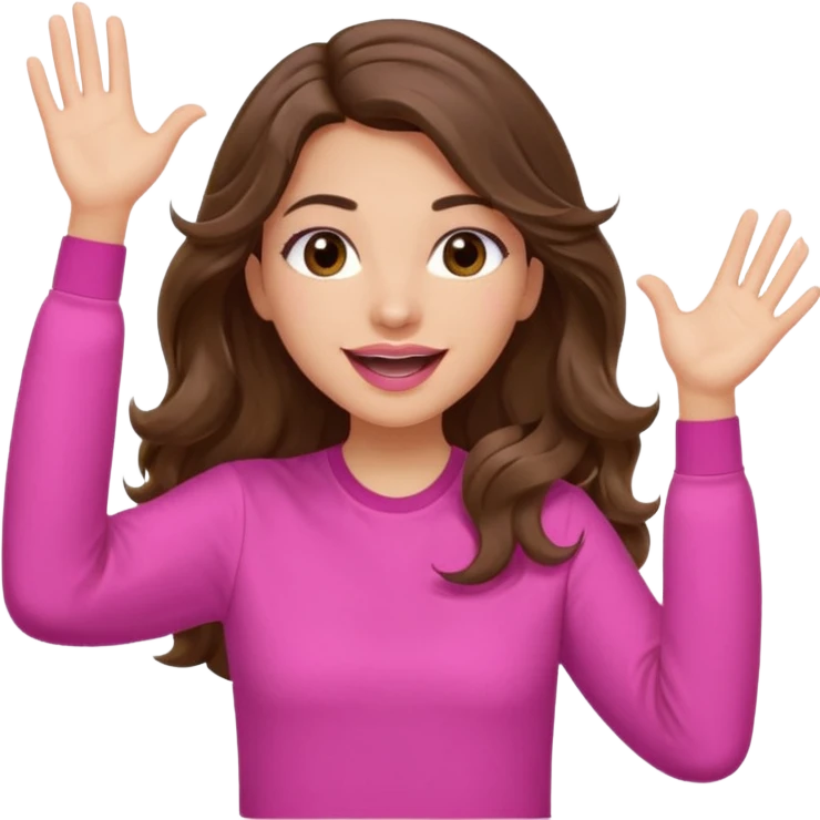 girl with long wavy brown hair, brown eyes, light to medium complexion, in a pink shirt, pink lips, long lashes, puckered lips, both hands all the way up in the air, cheering emoji