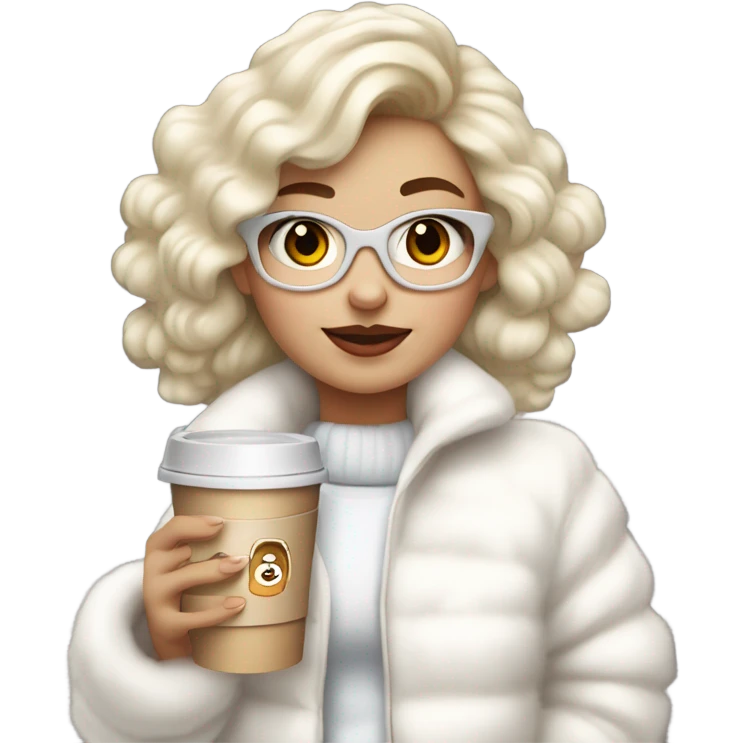 blonde girl wearing white fluffy jacket and a coffee to go in hand all dress white and a white bow on hair emoji