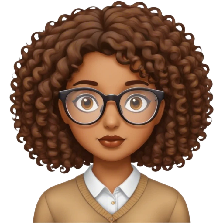 brown girl with curly hair, side part, and clear glasses emoji