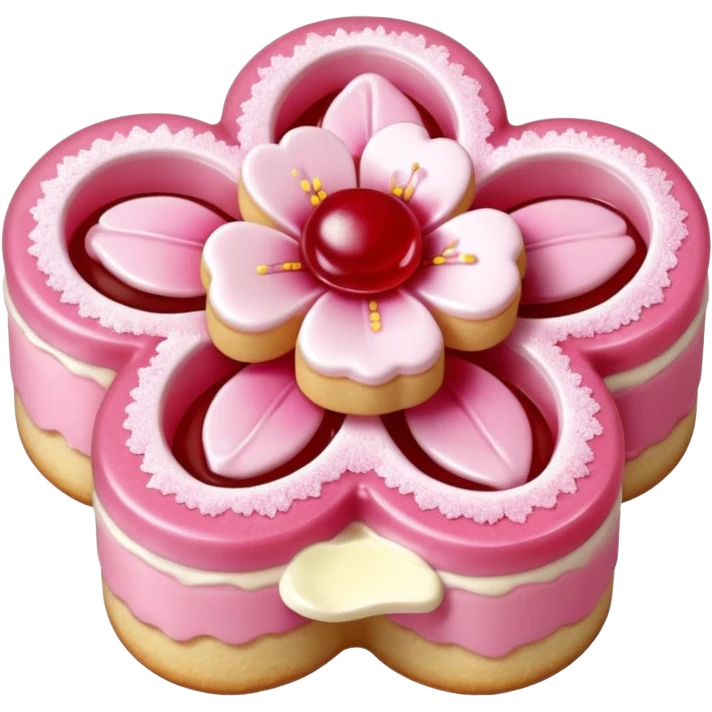 Realistic shortbread cookie in the shape of a cherry blossom with pale pink color jelly middle filling and sprinkled powder sugar on top. emoji