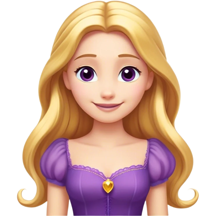 Cinematic Radiant Rapunzel Portrait Emoji, rendered in a flat vector style with clean proportions. Show Rapunzel with a gentle smile, fair, glowing skin, and her iconic long golden hair cascading softly, wearing a simple, elegant purple dress. The image radiates a warm, enchanting glow, high shine, and is accentuated by a soft glowing outline. emoji