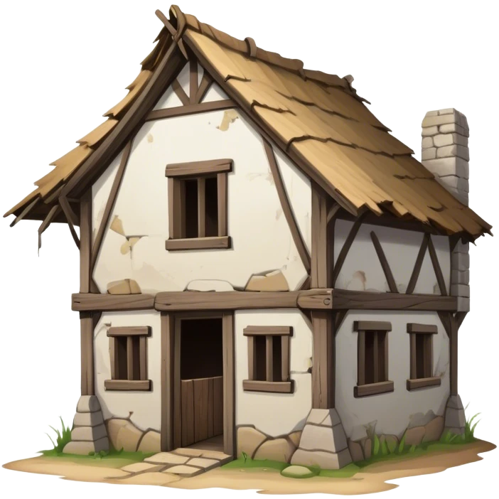 a dilapidated one-story medieval shack. The building has no windows. emoji