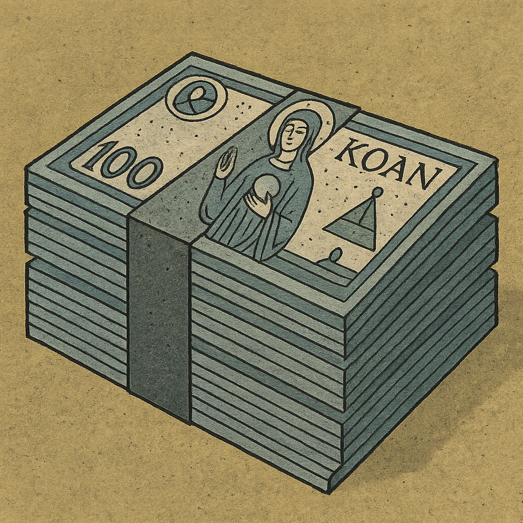 a neat bound stack of blue-and-white banknotes, koan bills , 90s futuristic, the band is dark gray emoji