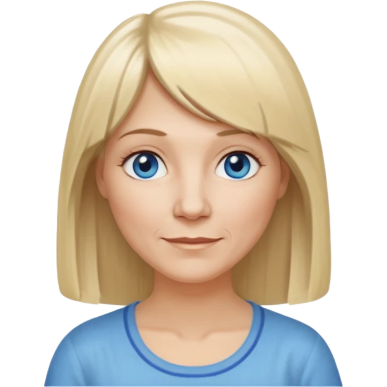 50 yr old white woman, hippie part short bangs, very long straight blond hair, oval face, small smile, blue eyes, thin face, hair downback, hair parted at center of head, round cheeks, pale, longer hair, white shirt emoji