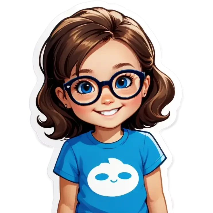 Little Girl, white skin, bronze hair smile tutor black frame glasses, bright blue t shirt emoji