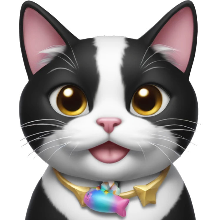 Black and white tuxedo cat with a unicorn toy in her mouth emoji