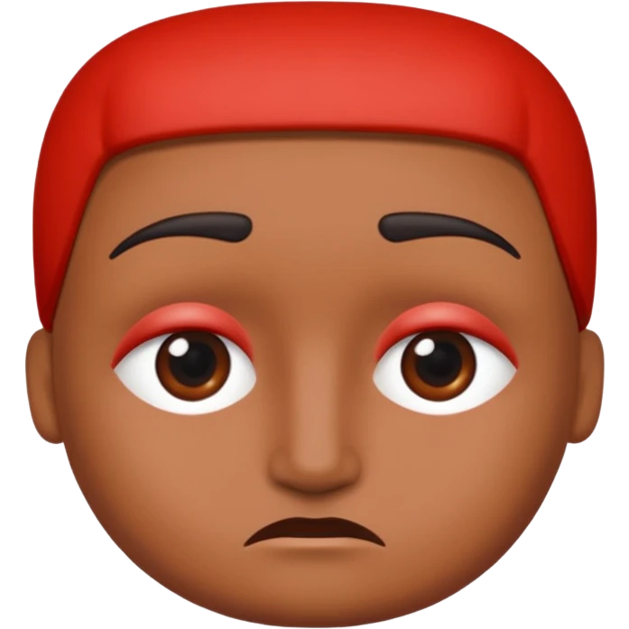Una figura roja con cabeza cuadrada y cuerpo de rectángulos con cara con dos ojos negros como puntos y cejas preocupadas sin boca y que tenga como una especie de polvo café en la cabeza emoji