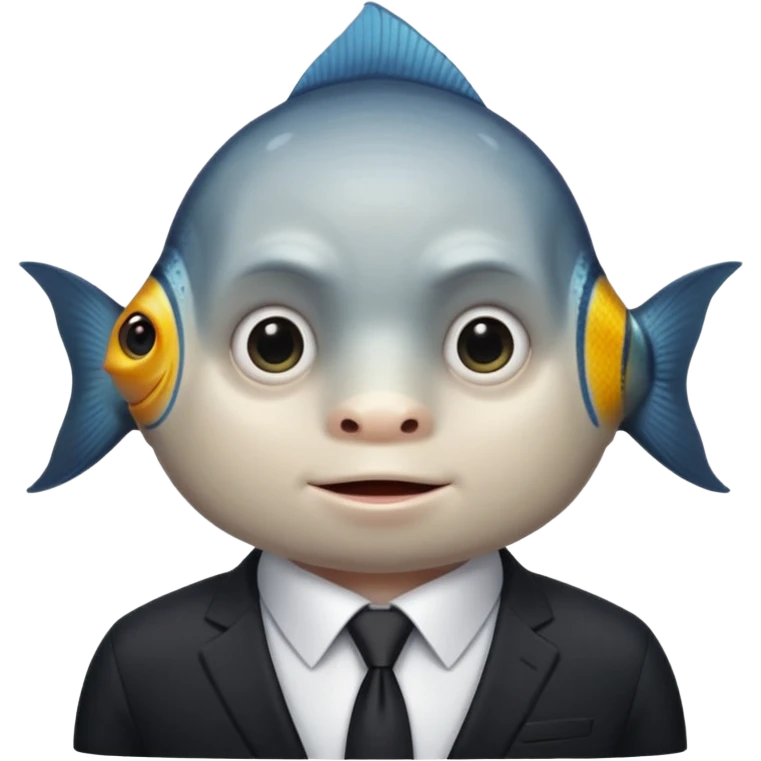A fish man dressed in a black suit. Its face is grey fish. Just a fish. And The fish is facing upward. The fish’s neck connects smoothly with the collar of the suit. emoji
