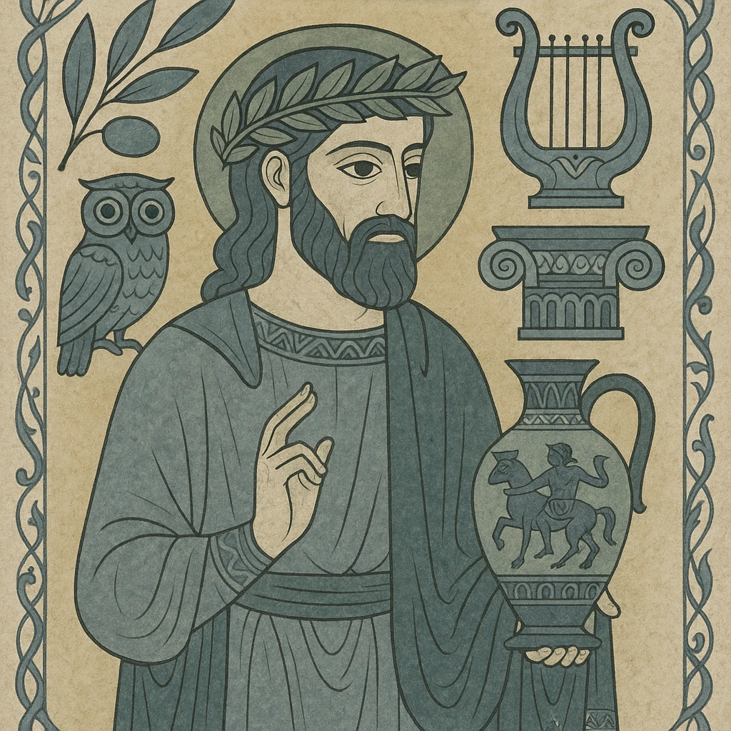 ancient Greece with mythological symbols, laurel crown, pottery art in medieval art style emoji
