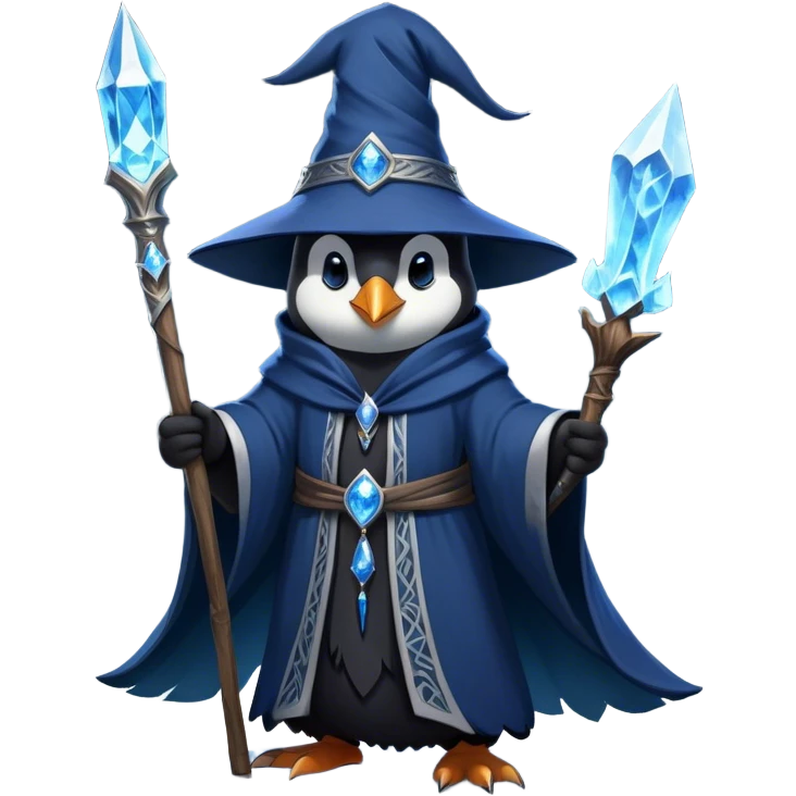 A mysterious penguin mage with sleek midnight-blue feathers, wearing a flowing black robe adorned with silver runes. A tall, pointed wizard hat sits slightly tilted on his head, the brim casting a shadow over his glowing icy-blue eyes. His flipper clutches an ancient wooden staff topped with a swirling crystal, radiating a soft, cold light. Snowflakes drift around him as he stands on a frozen cliff, his aura crackling with arcane energy, ready to summon a blizzard with a flick of his staff. emoji