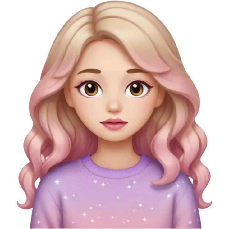 “Emoji girl, soft eyeliner, gradient rose lips, light brown shimmer eyeshadow, sparkly aegyo-sal, long wavy hair, cozy pastel sweater.” emoji