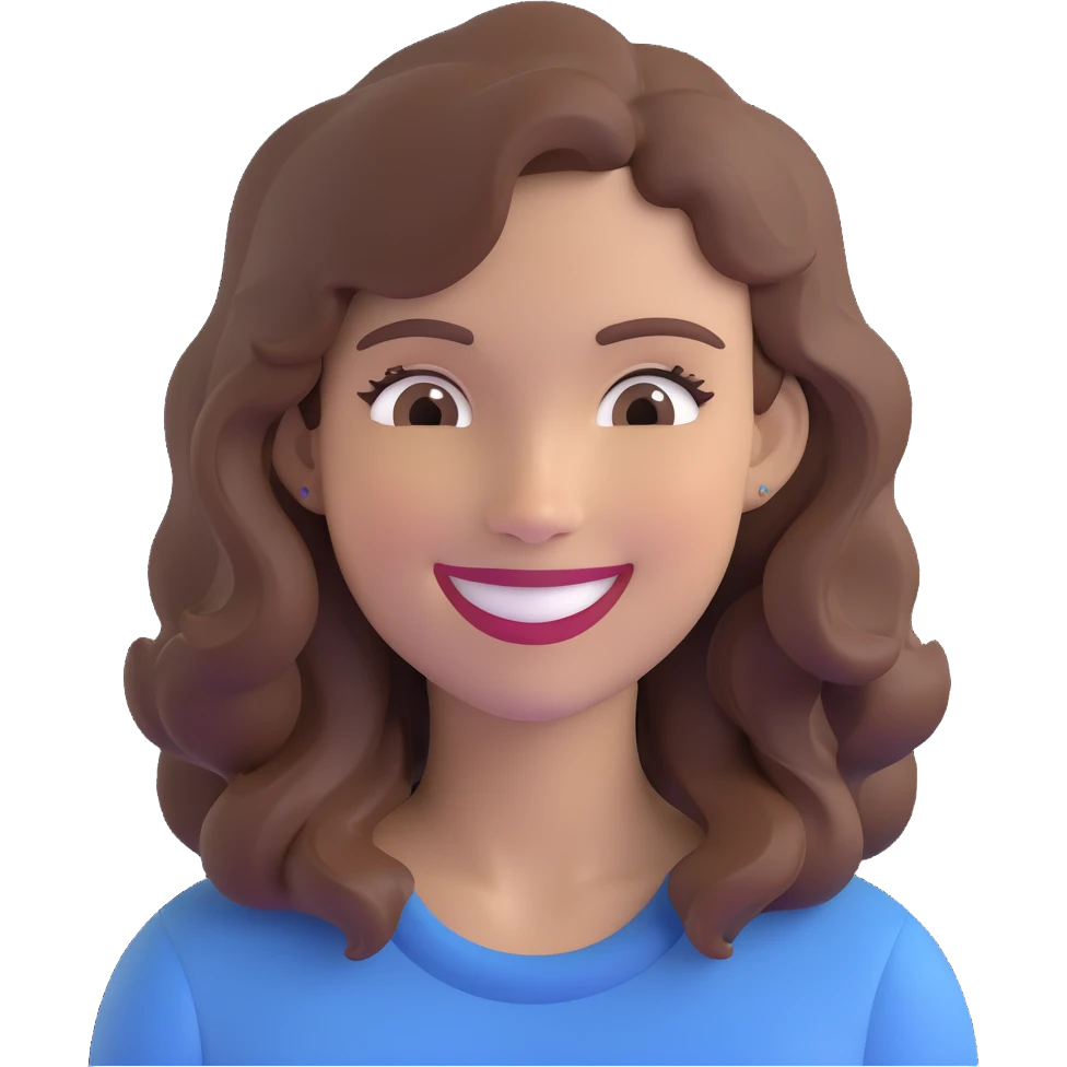 detailed emoji focusing on the face of a smiling woman with wavy brown hair, clean and classic style, no extra accessories emoji