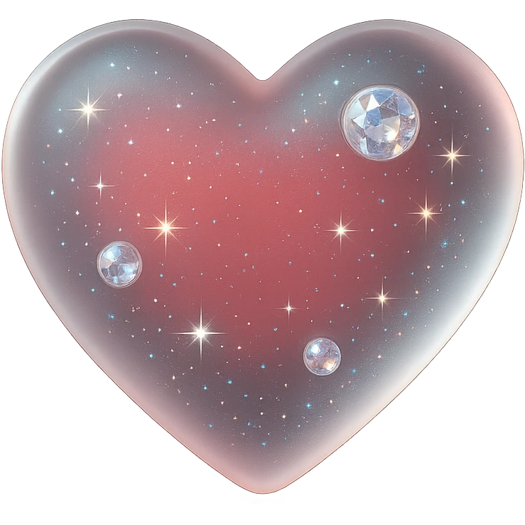 tiny red heart, pastel red enamel, sparkling gems, soft glowing effect, extra glitter accents, matte glass style, iridescent shimmer emoji