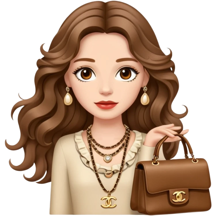 Chanel Girl with long brown wavy hair, beige skin, with Birkin bag and Chanel necklace emoji