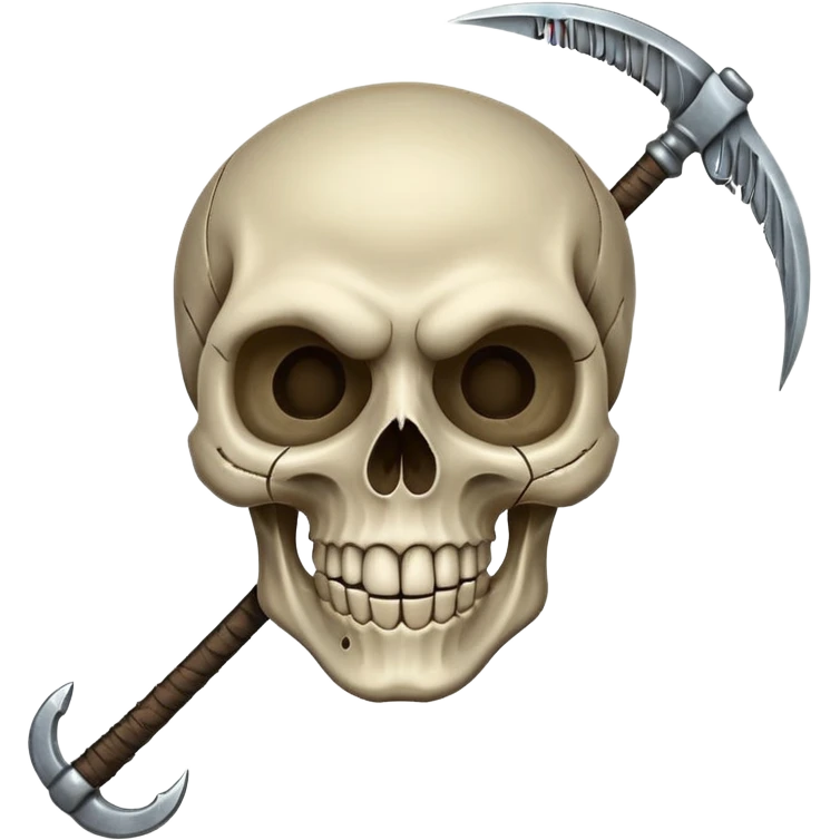 A laughing skull with a scythe crossed behind it, one eye socket winking. Clean, stylized lines, flat vector. Medieval woodcut style. Black and white with one accent color (tarnished silver). No background. emoji