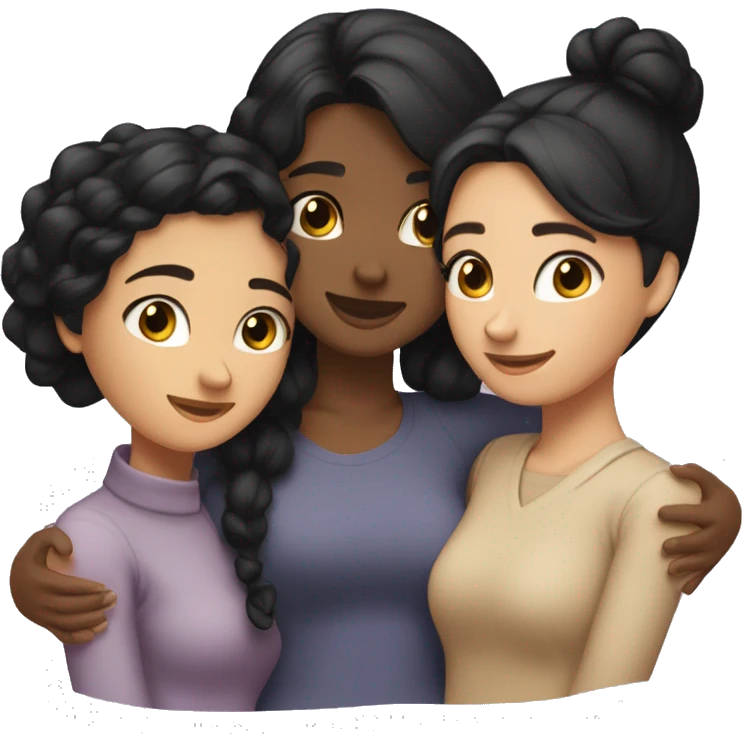 Three friends girl friends !  hugging each other warmly. One friend has fair skin and straight black hair, another has dark skin with black hair styled in a low bun, and the third has tan skin with wavy black hair.” emoji