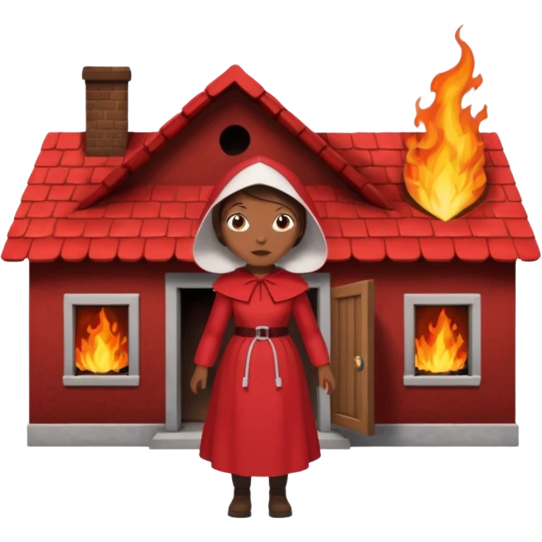 handmaids tale style woman burning house down walking away from house. shes wearing the nun hands maid tale hat cant see her face with brown hair shes wearing the red handmaids tale costume with white bonnet. walking away from the house emoji