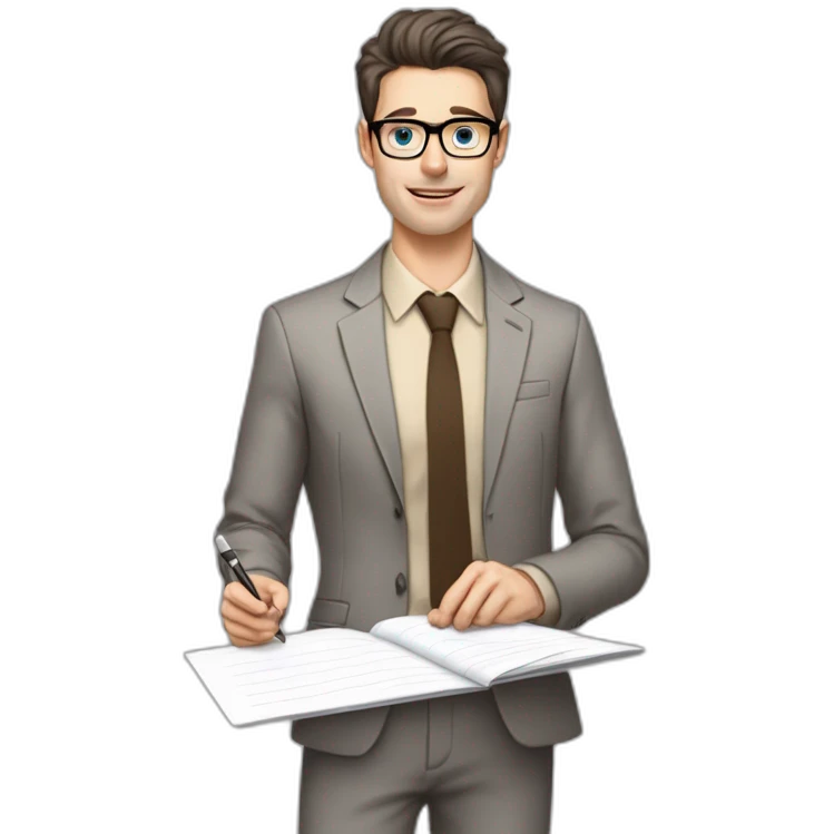 Pale skinned fit man with dark brown hair in gray jacket, beige office shirt, brown tie, brown pants and vintage glasses Writing text on a flipchart emoji