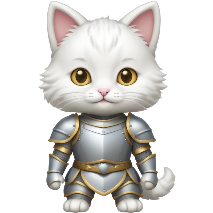 baby white cat in armor, full body, smile emoji