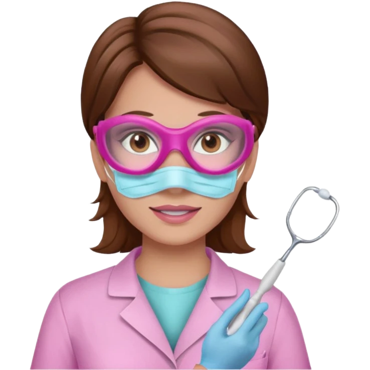 Dentista mujer con mascarilla rosada, cabellos marron, piel blanca, camisa rosada, ojos marrones emoji