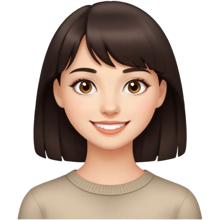 Young woman with dark brown bangs, natural light makeup, friendly smile emoji